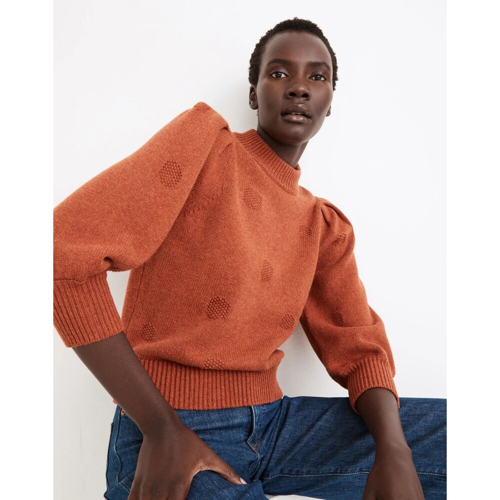 Madewell Dotted Eaton Puff-Sleeve Pullover Sweater Cotton-Merino Yarn Small